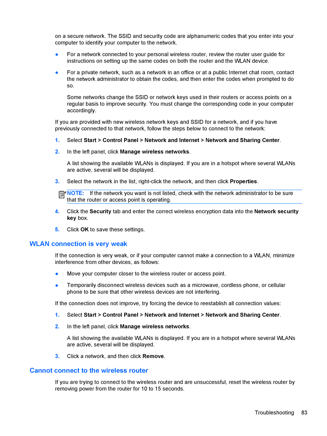 HP B5A04UAR#ABA manual Wlan connection is very weak, Cannot connect to the wireless router 