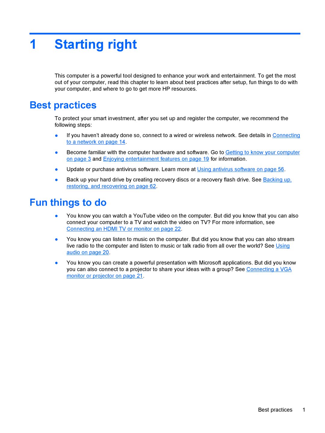 HP B5F63UAR#ABA manual Starting right, Best practices, Fun things to do 