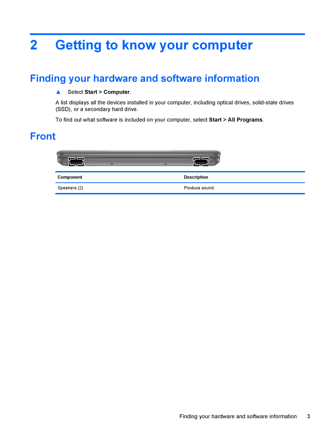 HP B5F63UAR#ABA manual Getting to know your computer, Finding your hardware and software information, Front 