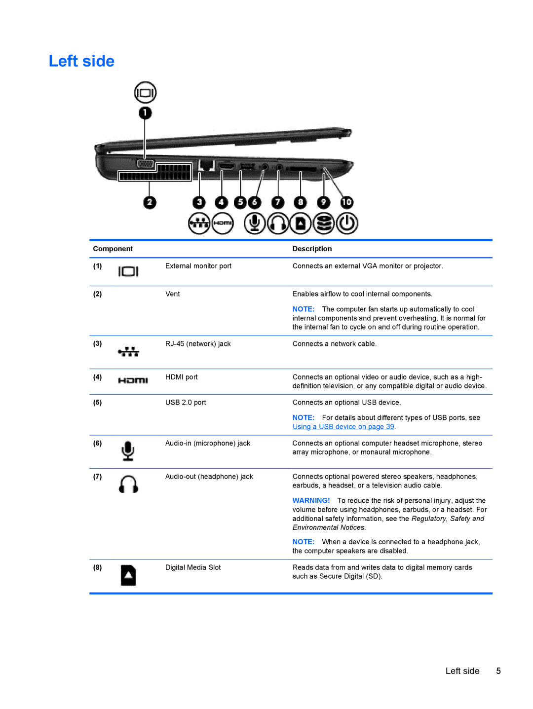 HP B5F63UAR#ABA manual Left side, Environmental Notices 