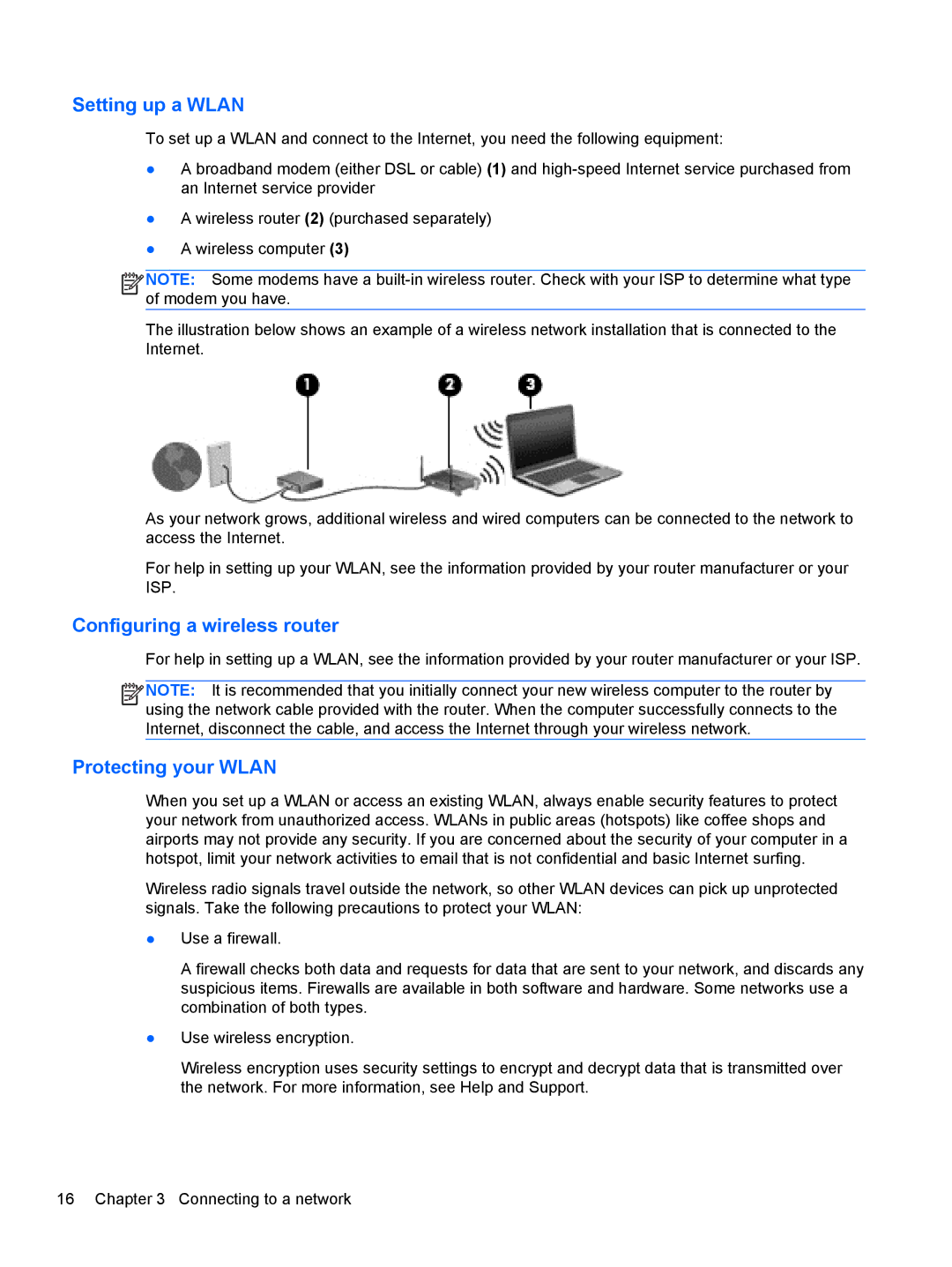 HP B5F63UAR#ABA manual Setting up a Wlan, Configuring a wireless router, Protecting your Wlan 