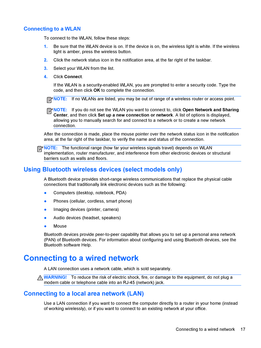 HP B5F63UAR#ABA Connecting to a wired network, Using Bluetooth wireless devices select models only, Connecting to a Wlan 