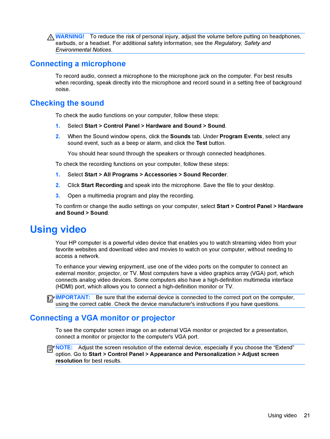 HP B5F63UAR#ABA manual Using video, Connecting a microphone, Checking the sound, Connecting a VGA monitor or projector 