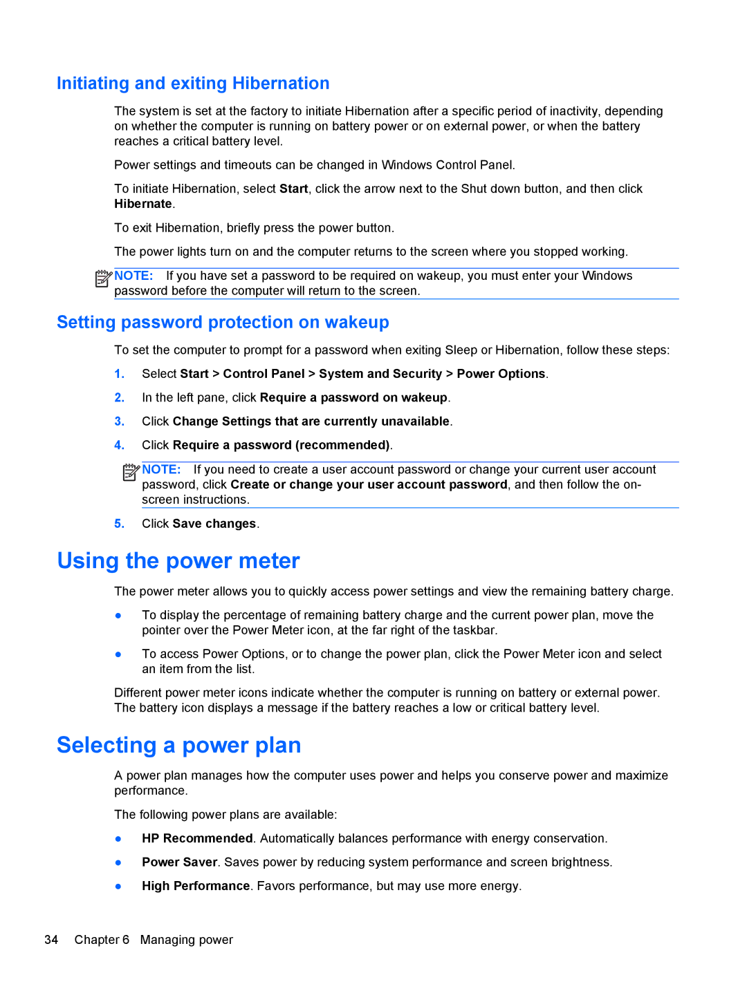 HP B5F63UAR#ABA manual Using the power meter, Selecting a power plan, Initiating and exiting Hibernation 