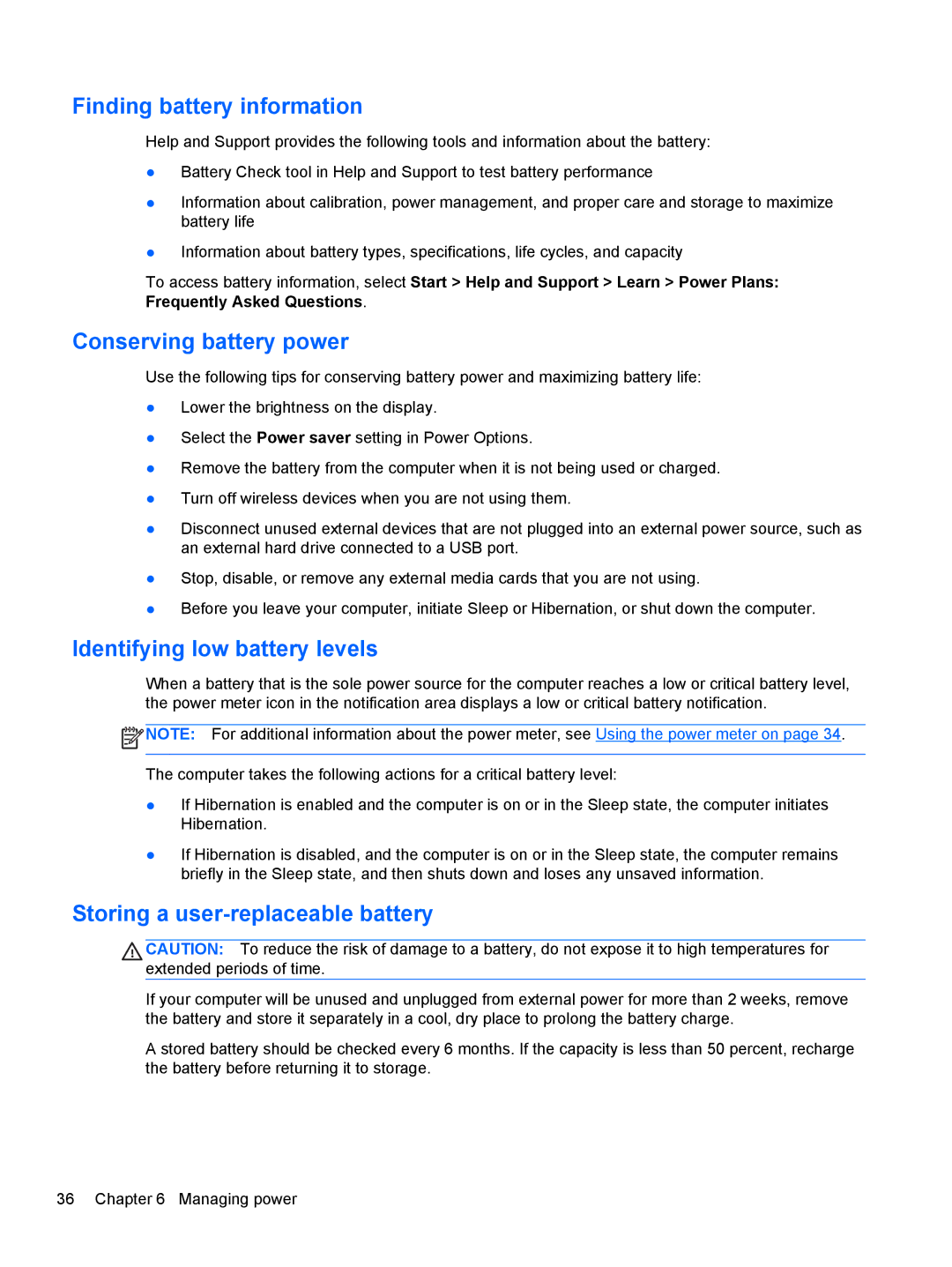 HP B5F63UAR#ABA manual Finding battery information, Conserving battery power, Identifying low battery levels 