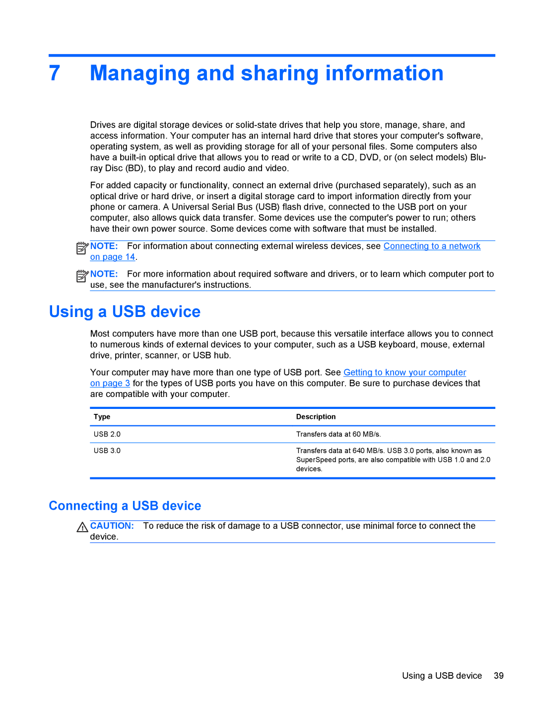 HP B5F63UAR#ABA manual Managing and sharing information, Using a USB device, Connecting a USB device, Type Description 