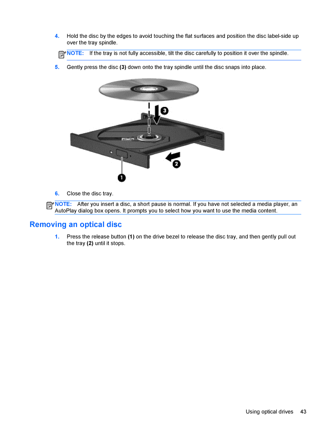 HP B5F63UAR#ABA manual Removing an optical disc 