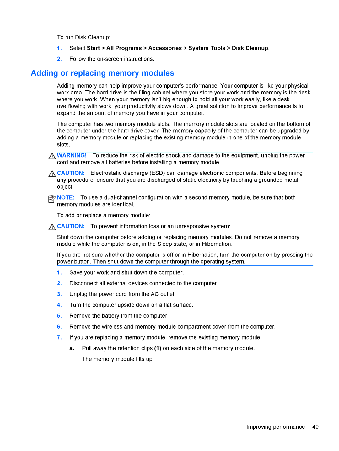 HP B5F63UAR#ABA manual Adding or replacing memory modules 