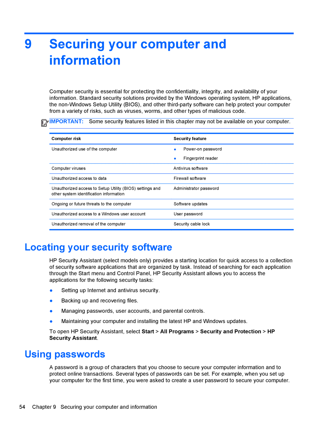 HP B5F63UAR#ABA manual Securing your computer and information, Locating your security software, Using passwords 