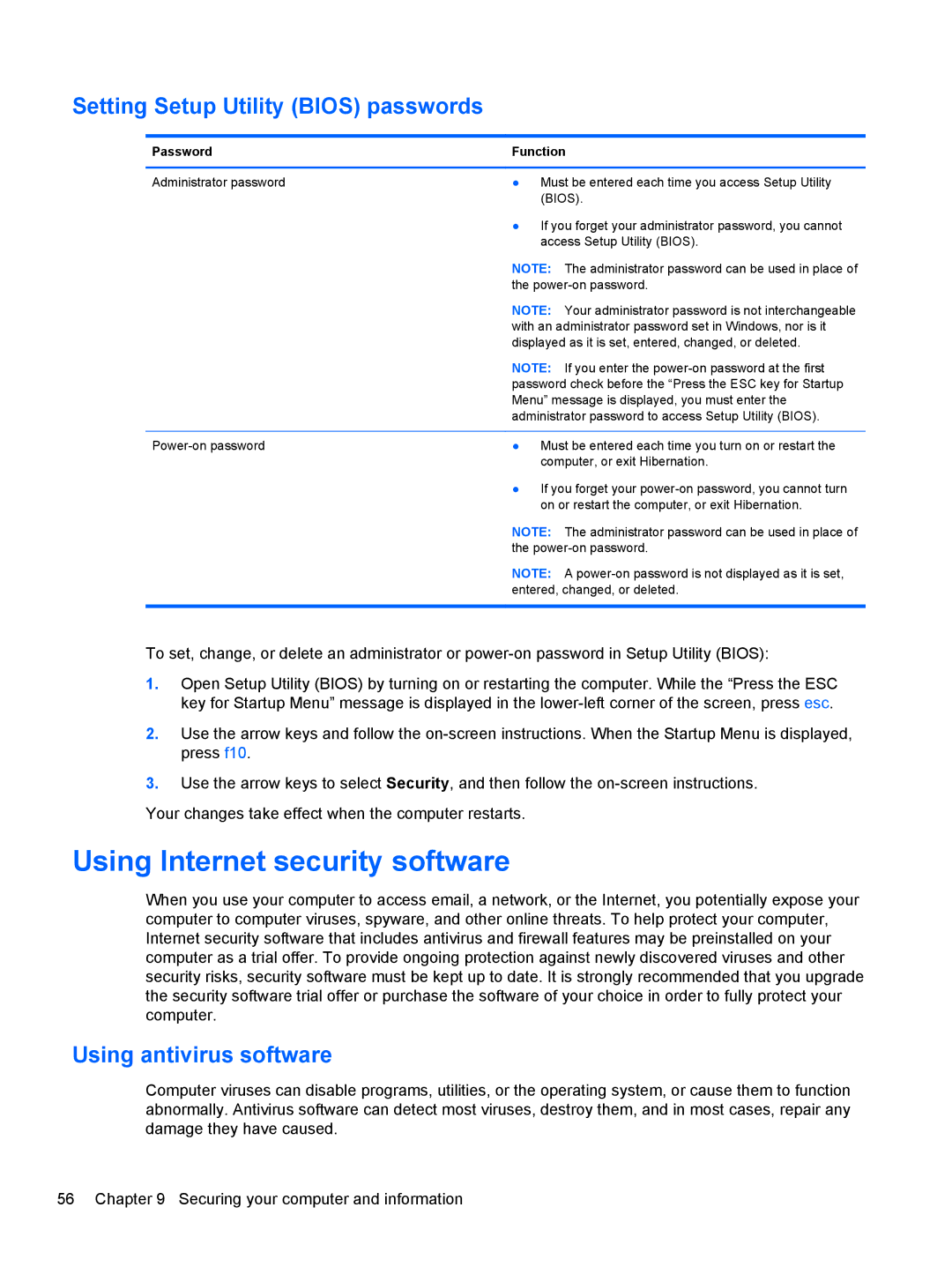 HP B5F63UAR#ABA manual Using Internet security software, Setting Setup Utility Bios passwords, Using antivirus software 