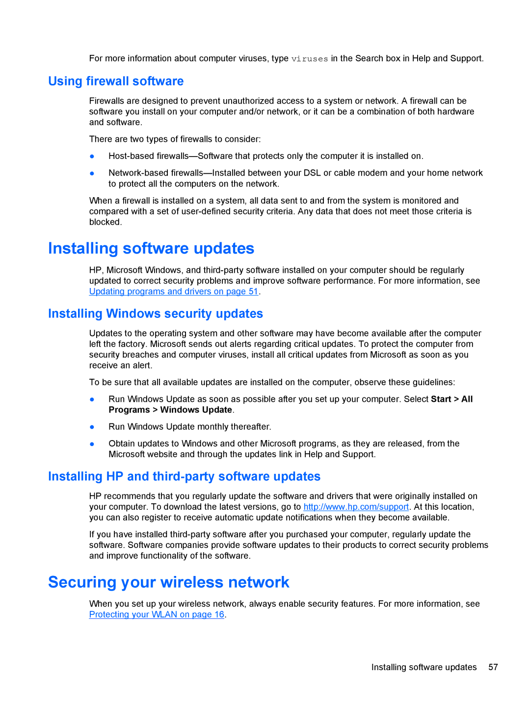 HP B5F63UAR#ABA manual Installing software updates, Securing your wireless network, Using firewall software 