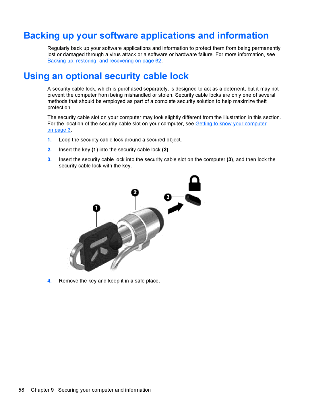 HP B5F63UAR#ABA manual Backing up your software applications and information, Using an optional security cable lock 