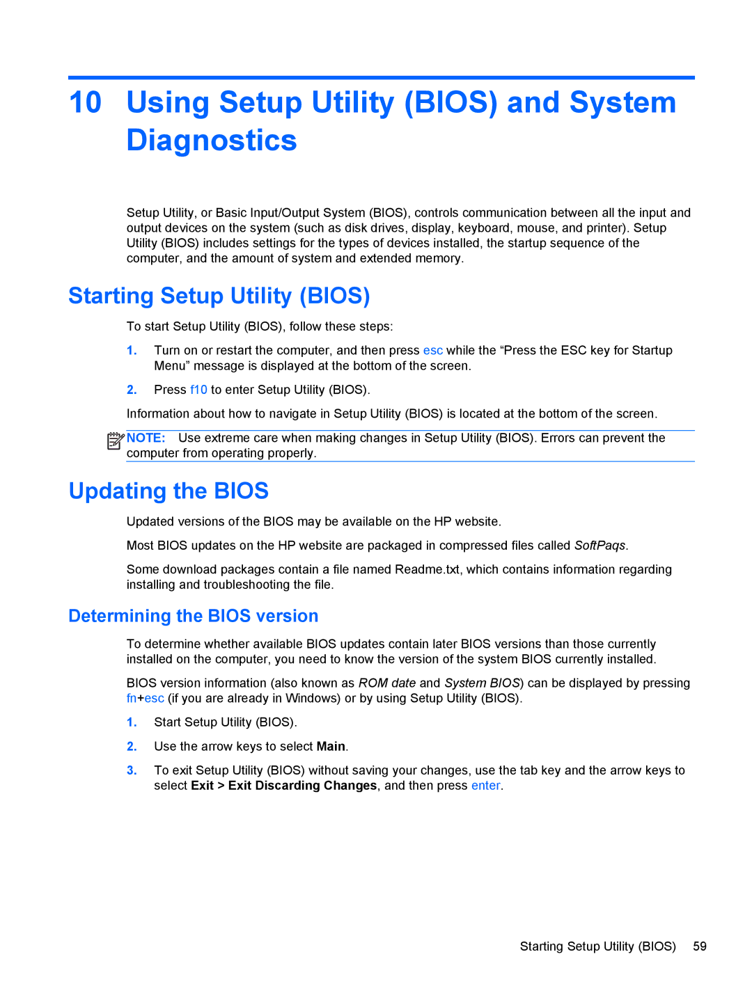 HP B5F63UAR#ABA manual Using Setup Utility Bios and System Diagnostics, Starting Setup Utility Bios, Updating the Bios 