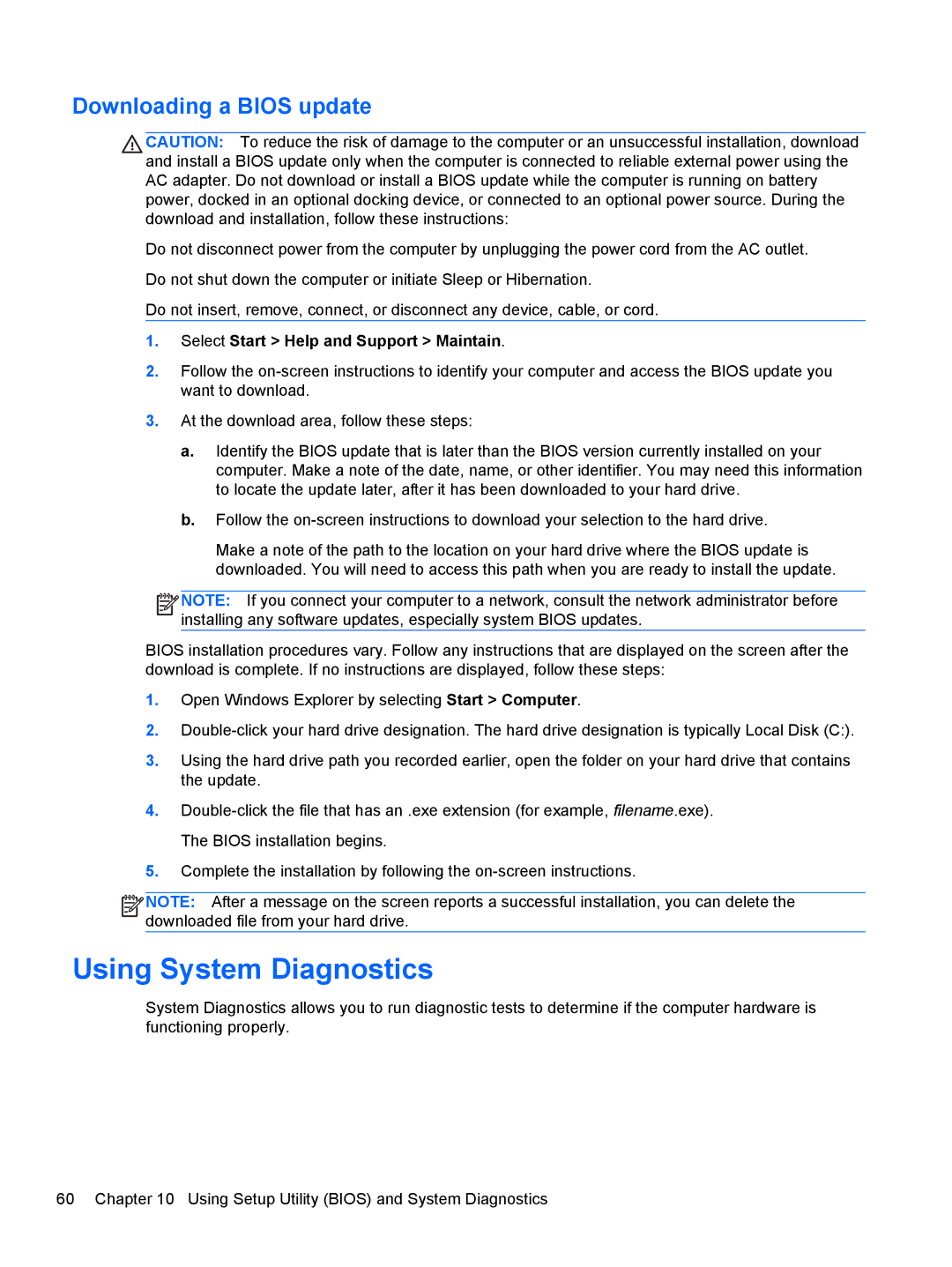 HP B5F63UAR#ABA manual Using System Diagnostics, Downloading a Bios update 