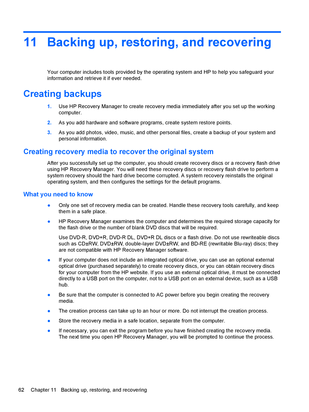 HP B5F63UAR#ABA manual Backing up, restoring, and recovering, Creating backups, What you need to know 