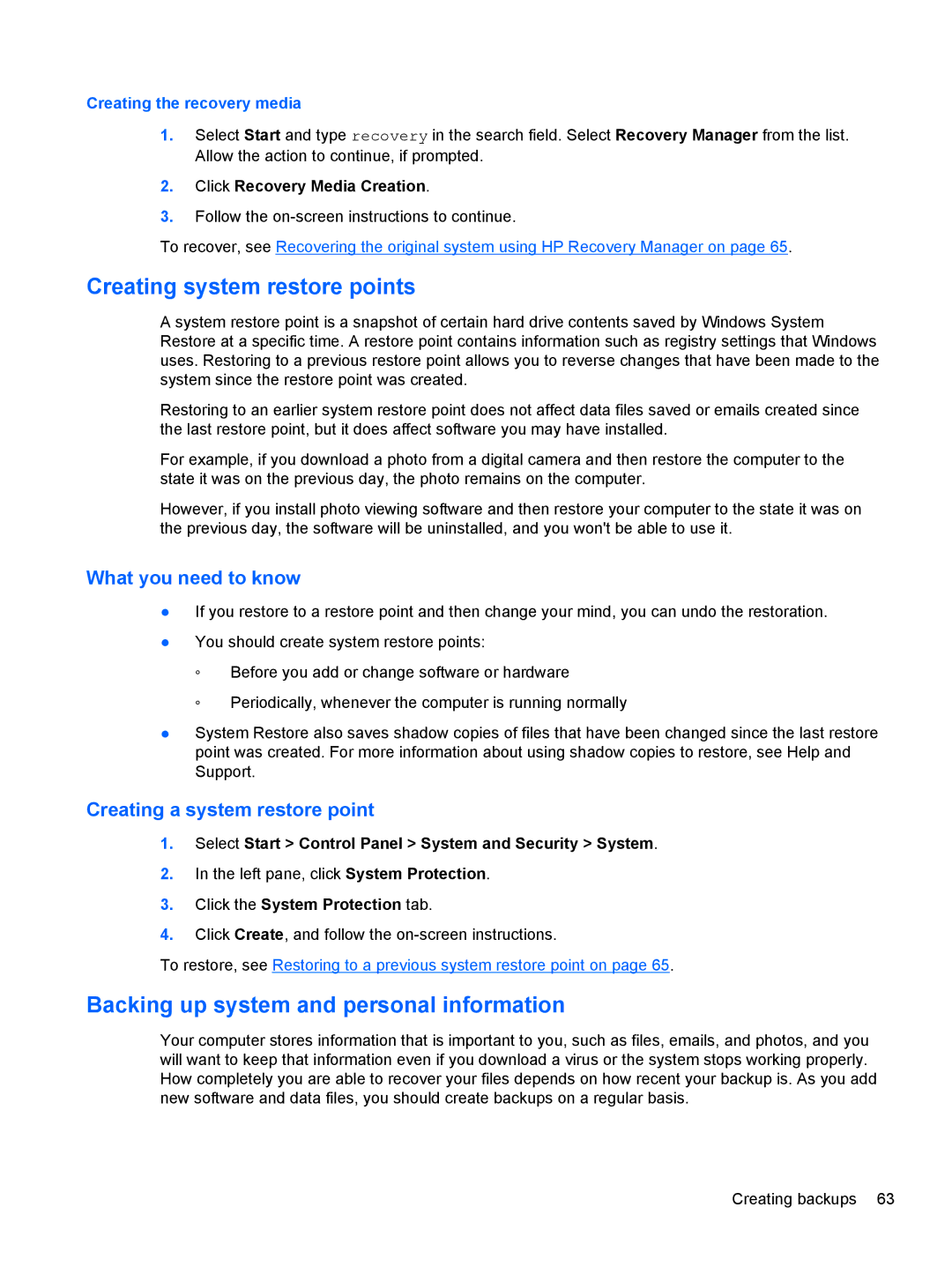 HP B5F63UAR#ABA manual Creating system restore points, Backing up system and personal information 