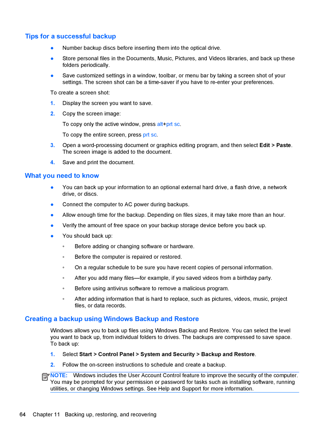 HP B5F63UAR#ABA manual Tips for a successful backup, Creating a backup using Windows Backup and Restore 