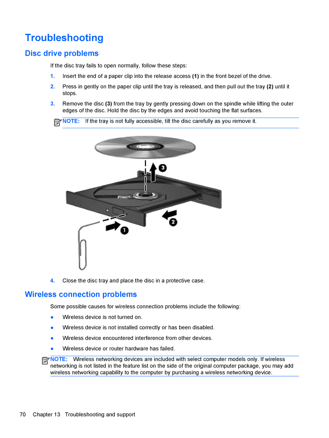 HP B5F63UAR#ABA manual Troubleshooting, Disc drive problems, Wireless connection problems 