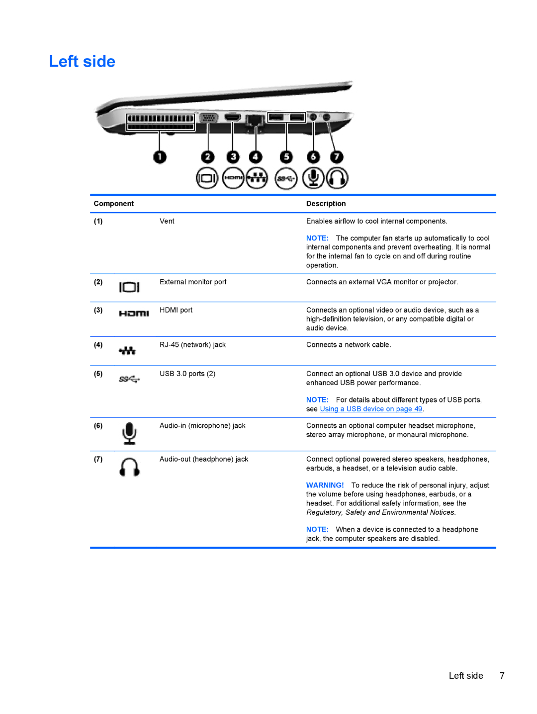 HP dv7-7135us, B5R45UA manual Left side 