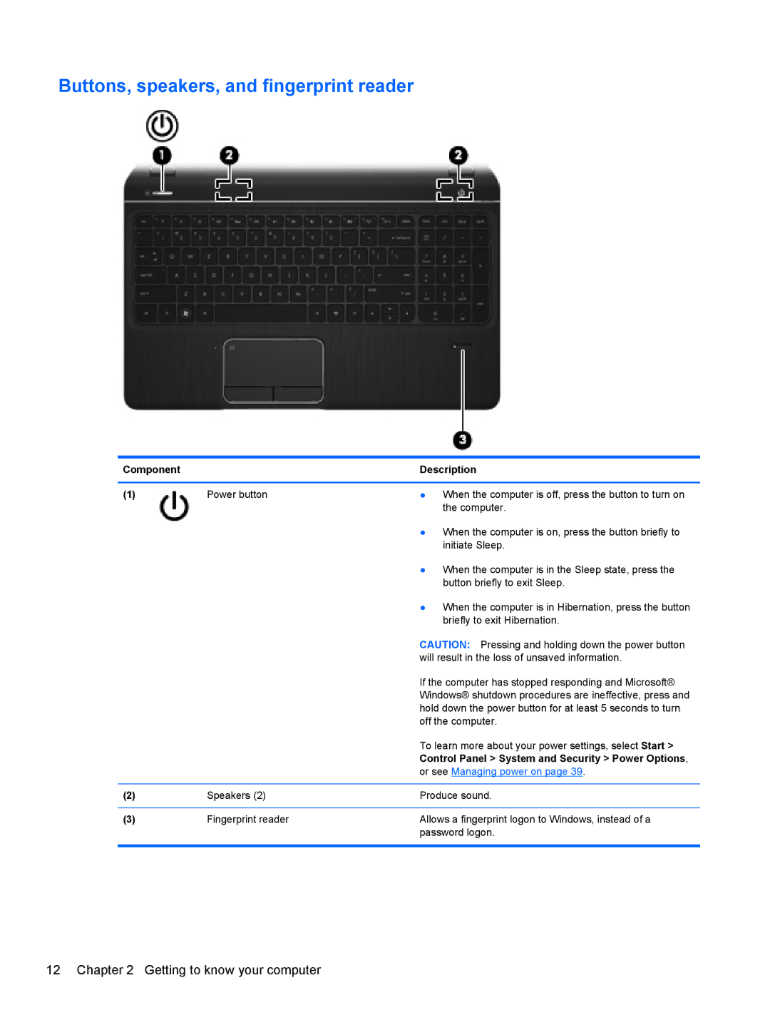 HP B5R45UA, dv7-7135us manual Buttons, speakers, and fingerprint reader, Or see Managing power on 