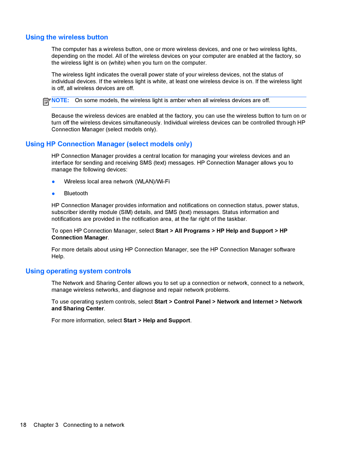 HP B5R45UA Using the wireless button, Using HP Connection Manager select models only, Using operating system controls 