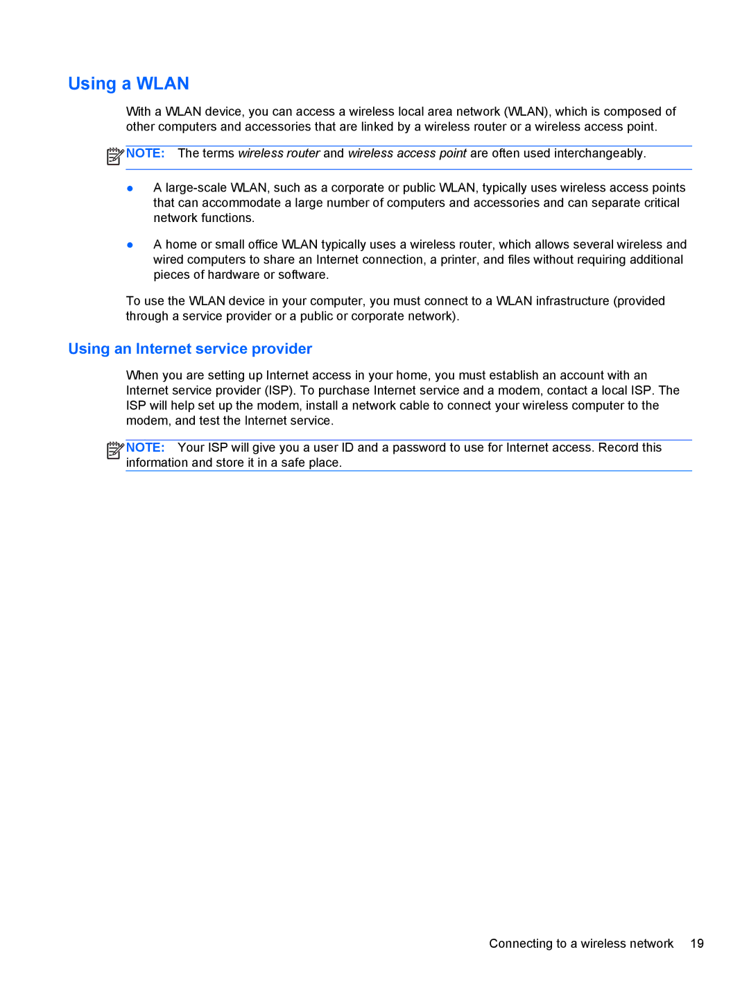 HP dv7-7135us, B5R45UA manual Using a Wlan, Using an Internet service provider 