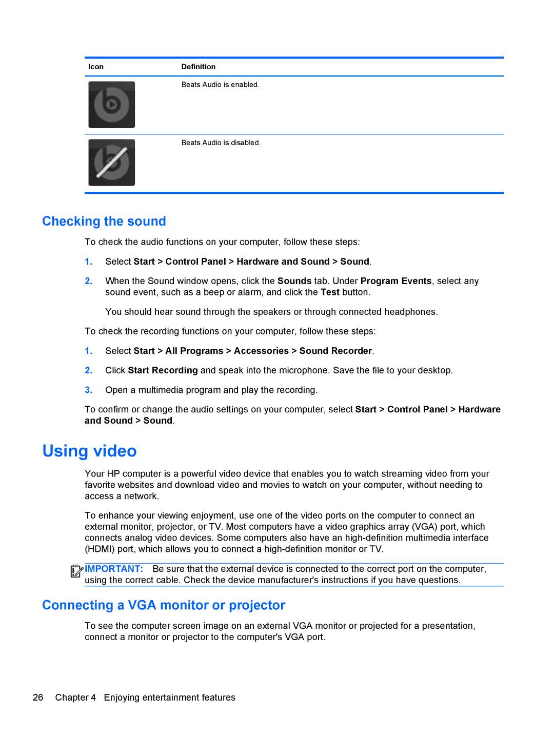 HP B5R45UA, dv7-7135us manual Using video, Checking the sound, Connecting a VGA monitor or projector, IconDefinition 