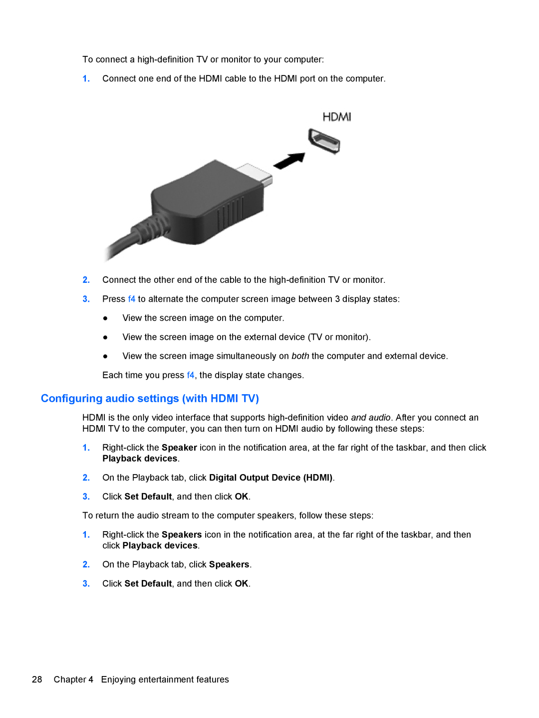 HP B5R45UA, dv7-7135us manual Configuring audio settings with Hdmi TV 