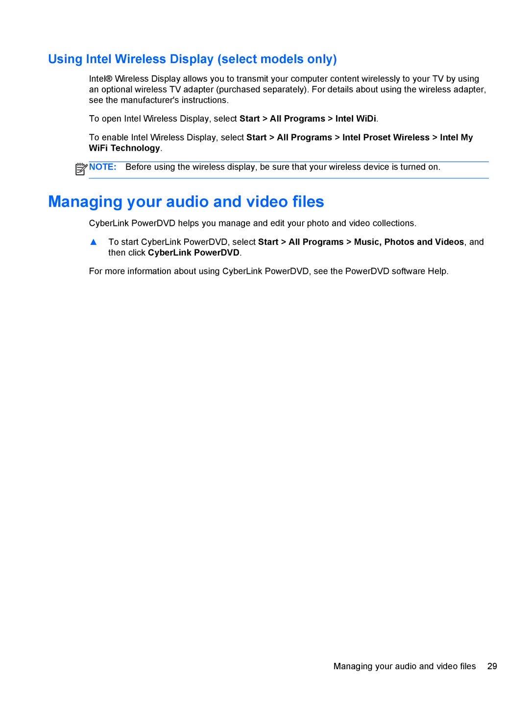HP dv7-7135us, B5R45UA manual Managing your audio and video files, Using Intel Wireless Display select models only 