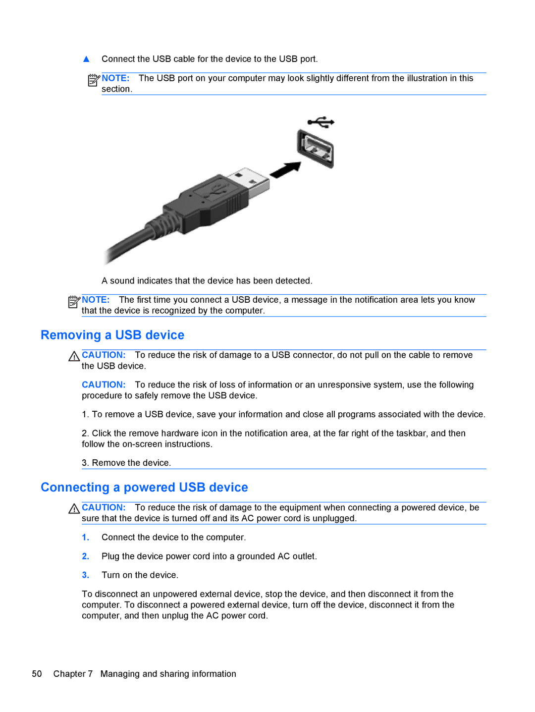 HP B5R45UA, dv7-7135us manual Removing a USB device, Connecting a powered USB device 