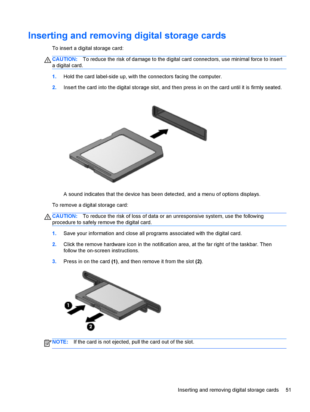 HP dv7-7135us, B5R45UA manual Inserting and removing digital storage cards 