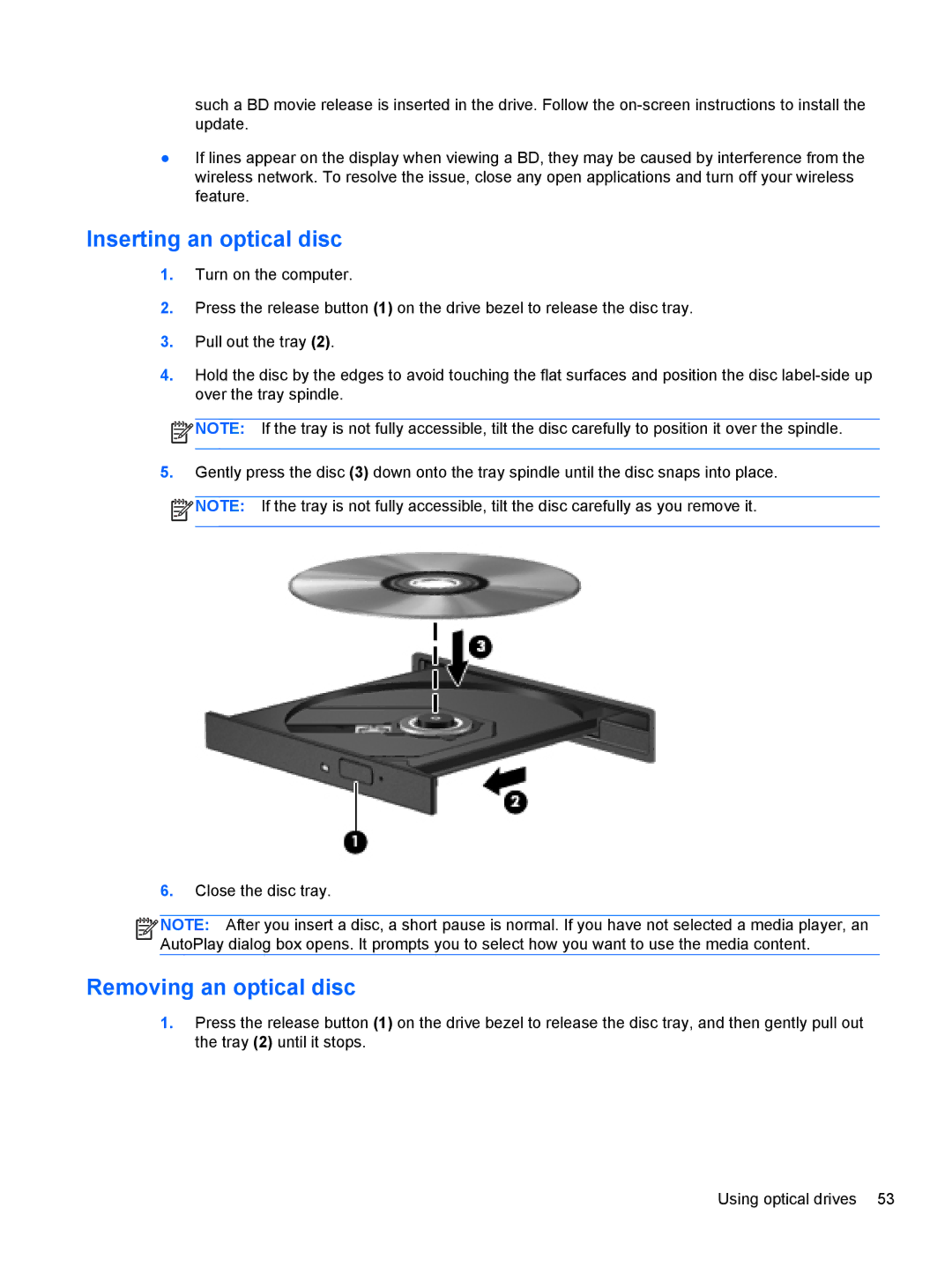 HP dv7-7135us, B5R45UA manual Inserting an optical disc, Removing an optical disc 