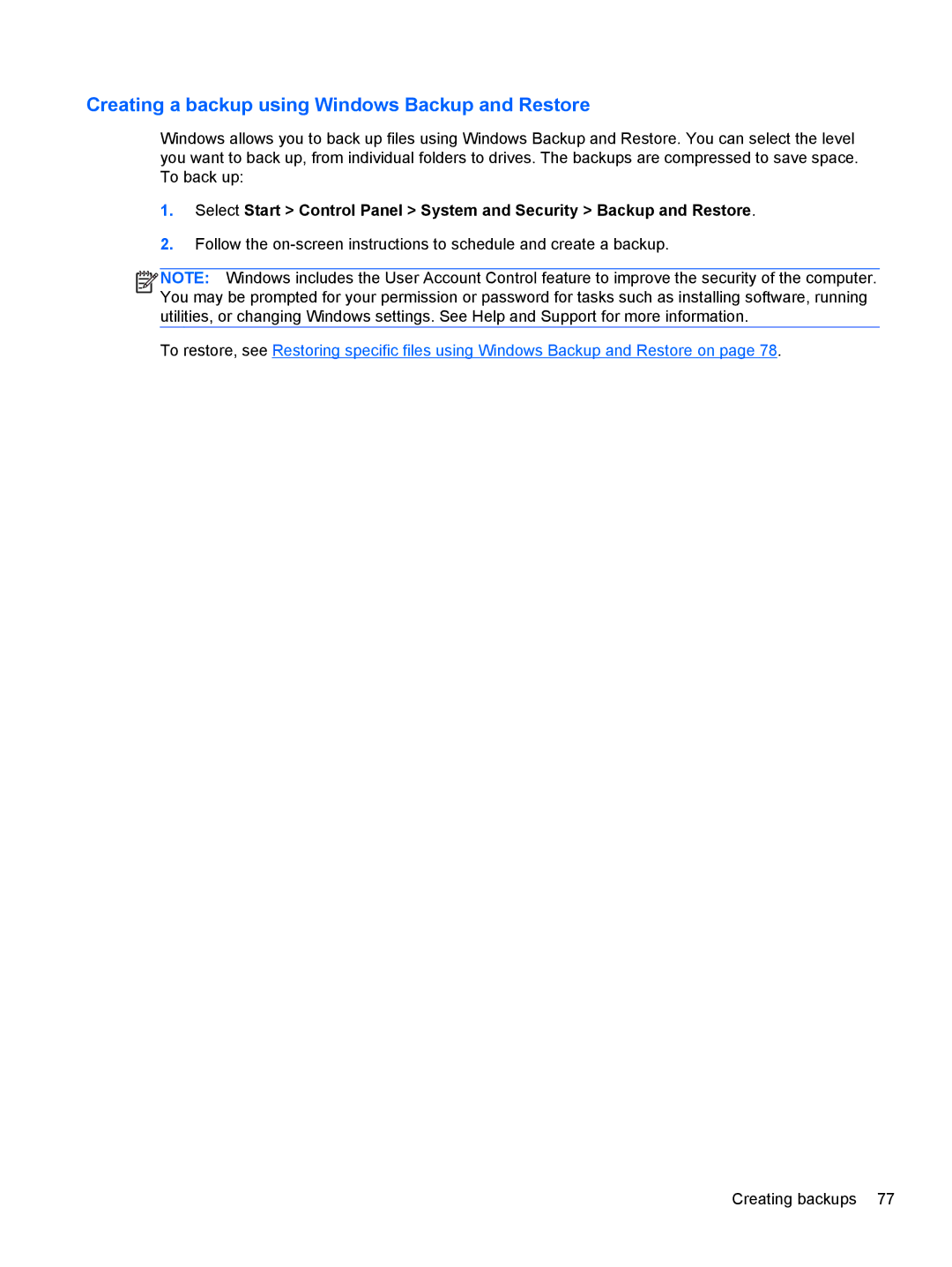HP dv7-7135us, B5R45UA manual Creating a backup using Windows Backup and Restore 