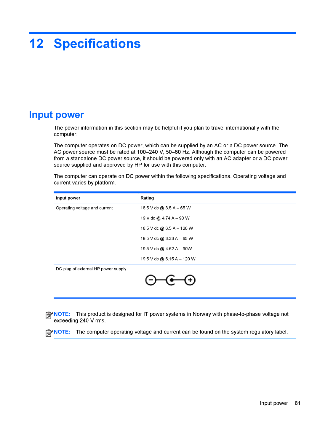 HP dv7-7135us, B5R45UA manual Specifications, Input power Rating 