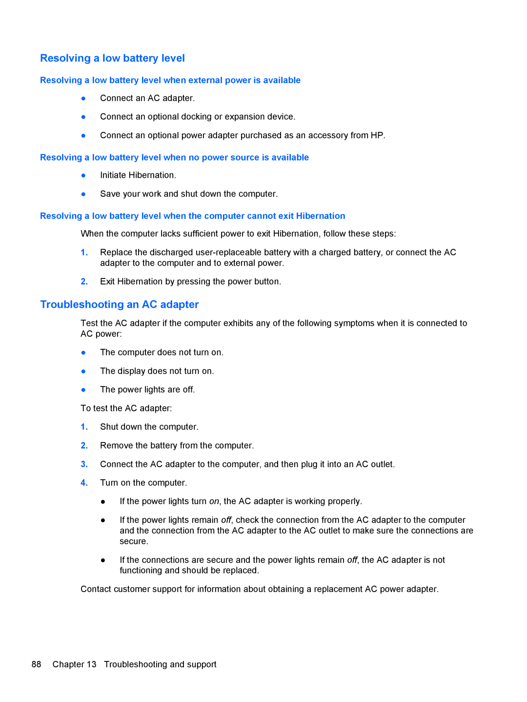 HP B5R45UA, dv7-7135us manual Resolving a low battery level, Troubleshooting an AC adapter 