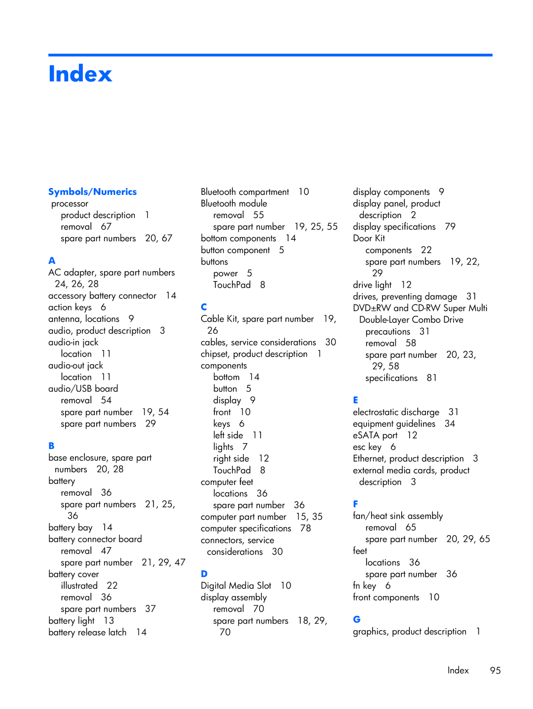 HP B5T05UA manual Index, Symbols/Numerics 