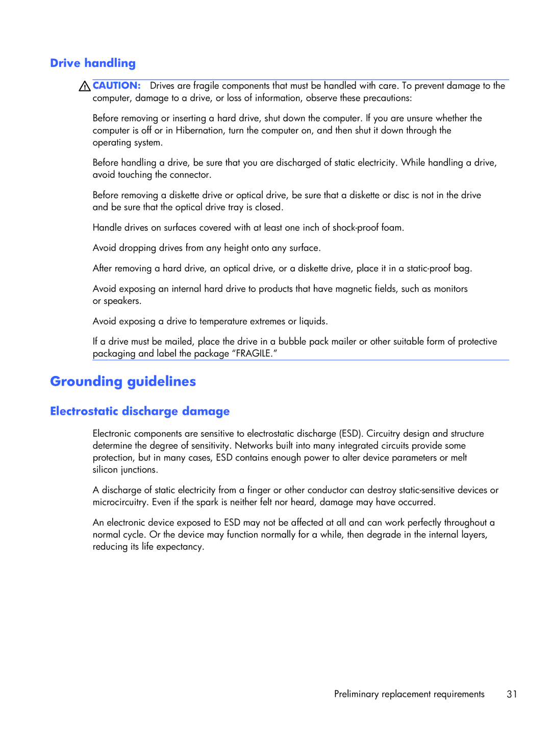 HP B5T05UA manual Grounding guidelines, Drive handling 