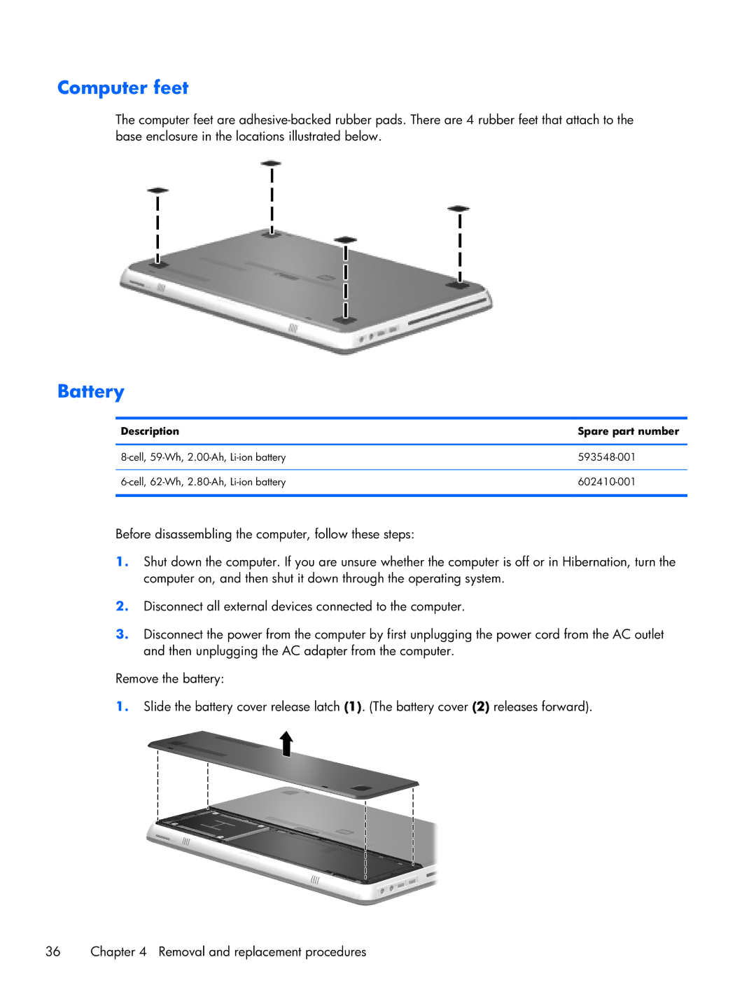 HP B5T05UA manual Computer feet, Battery 