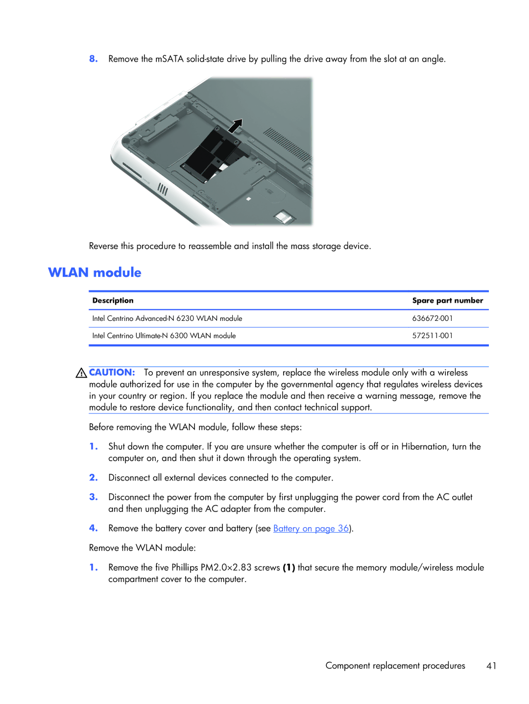 HP B5T05UA manual Wlan module, Description Spare part number 