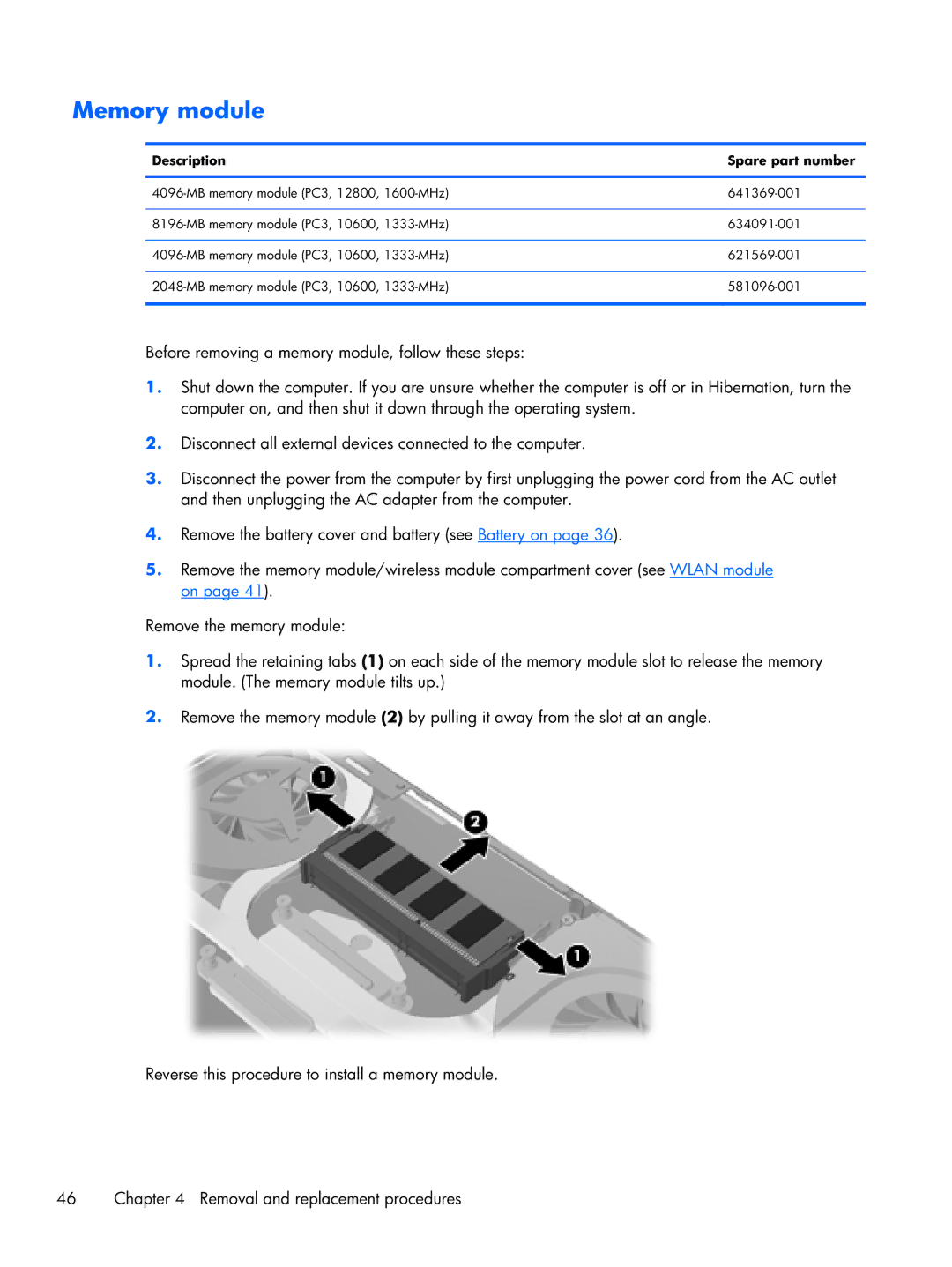 HP B5T05UA manual Memory module, Description Spare part number 