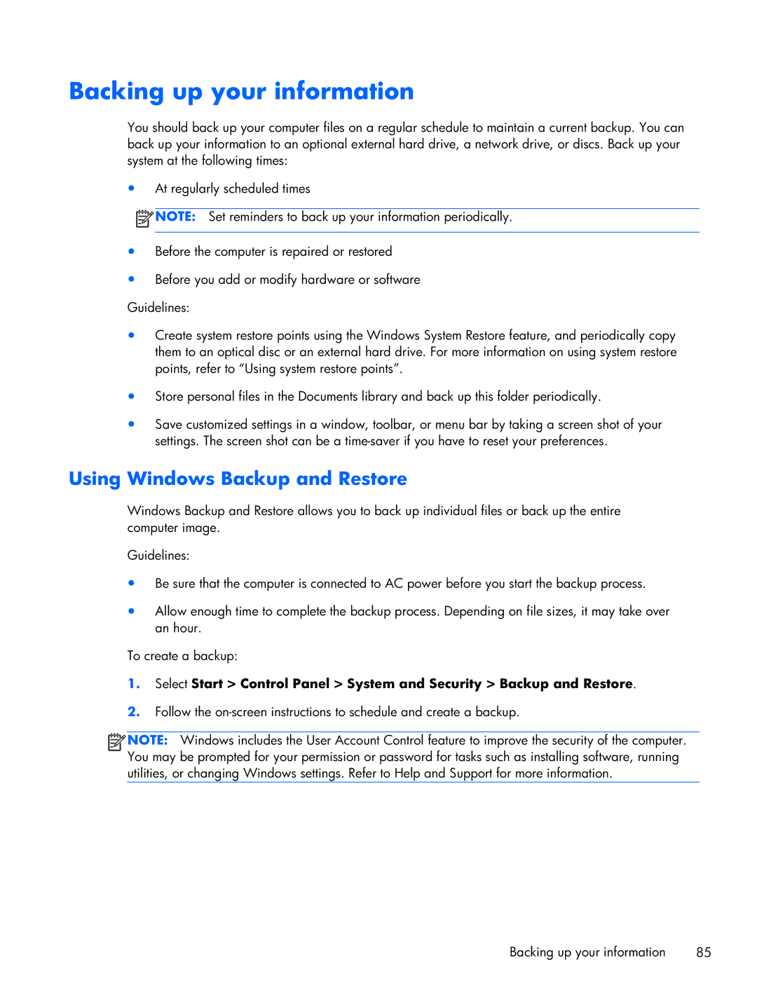 HP B5T05UA manual Backing up your information, Using Windows Backup and Restore 