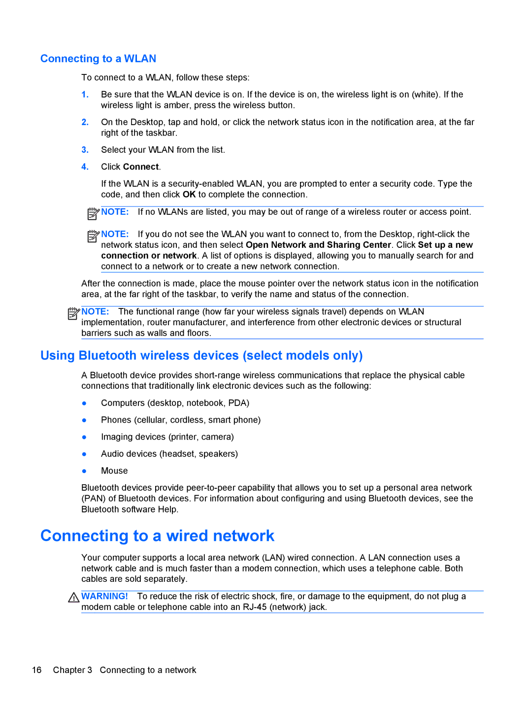 HP B5Z50UAR#ABA Connecting to a wired network, Using Bluetooth wireless devices select models only, Connecting to a Wlan 