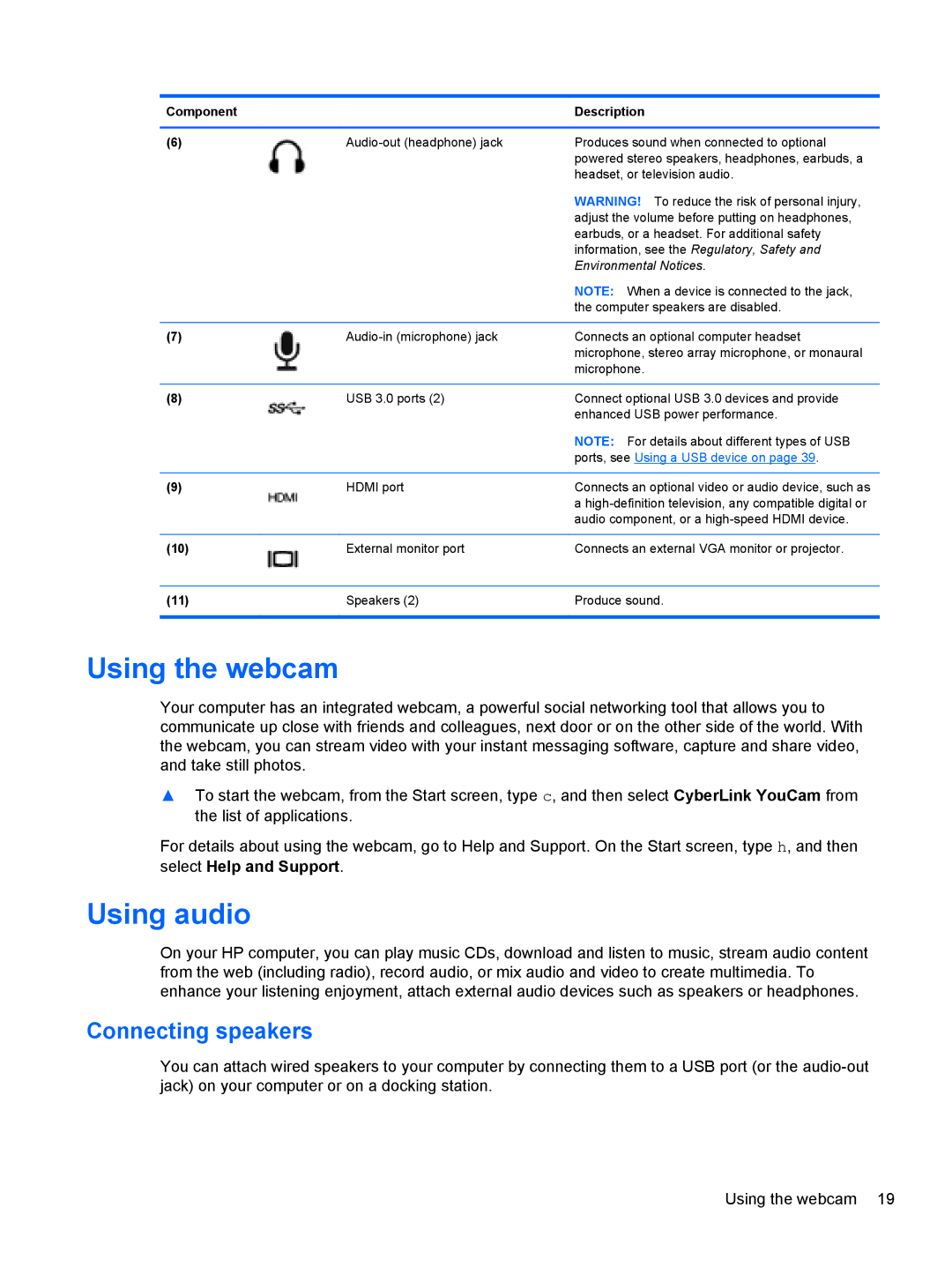 HP B5Z50UAR#ABA manual Using the webcam, Using audio, Connecting speakers 