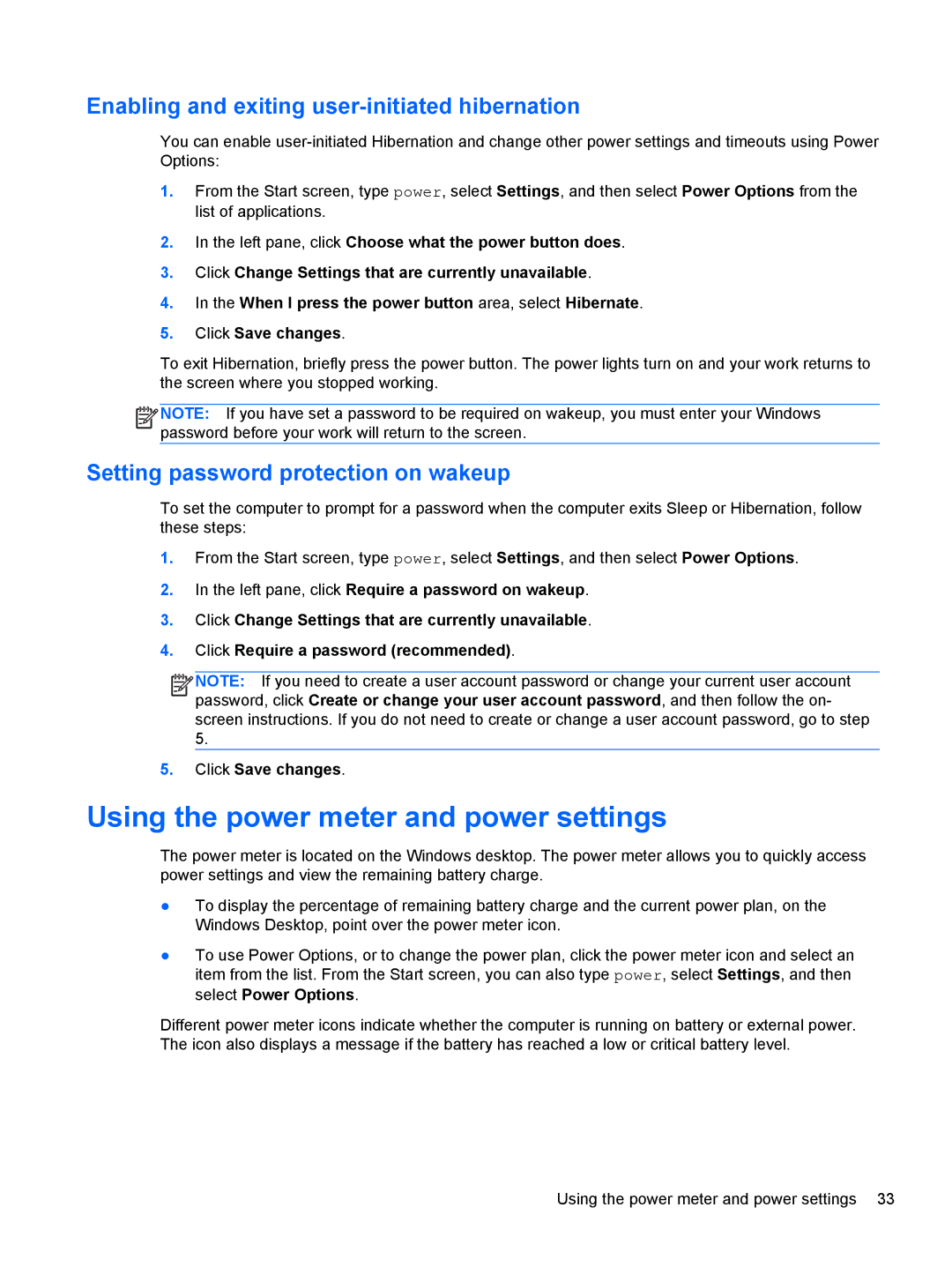 HP B5Z50UAR#ABA manual Using the power meter and power settings, Enabling and exiting user-initiated hibernation 