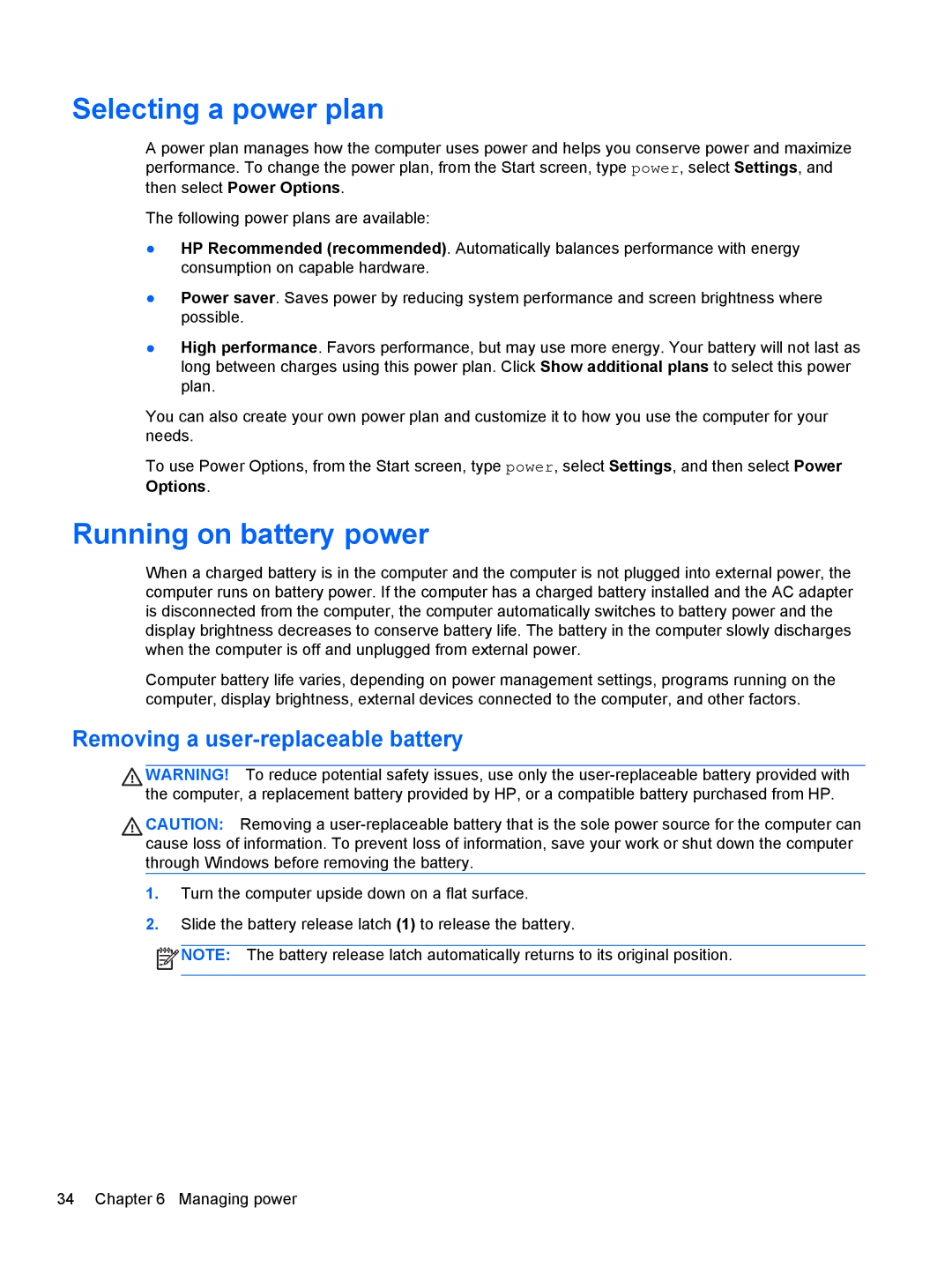 HP B5Z50UAR#ABA manual Selecting a power plan, Running on battery power, Removing a user-replaceable battery 