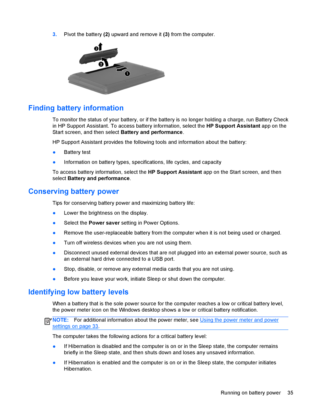 HP B5Z50UAR#ABA manual Finding battery information, Conserving battery power, Identifying low battery levels 