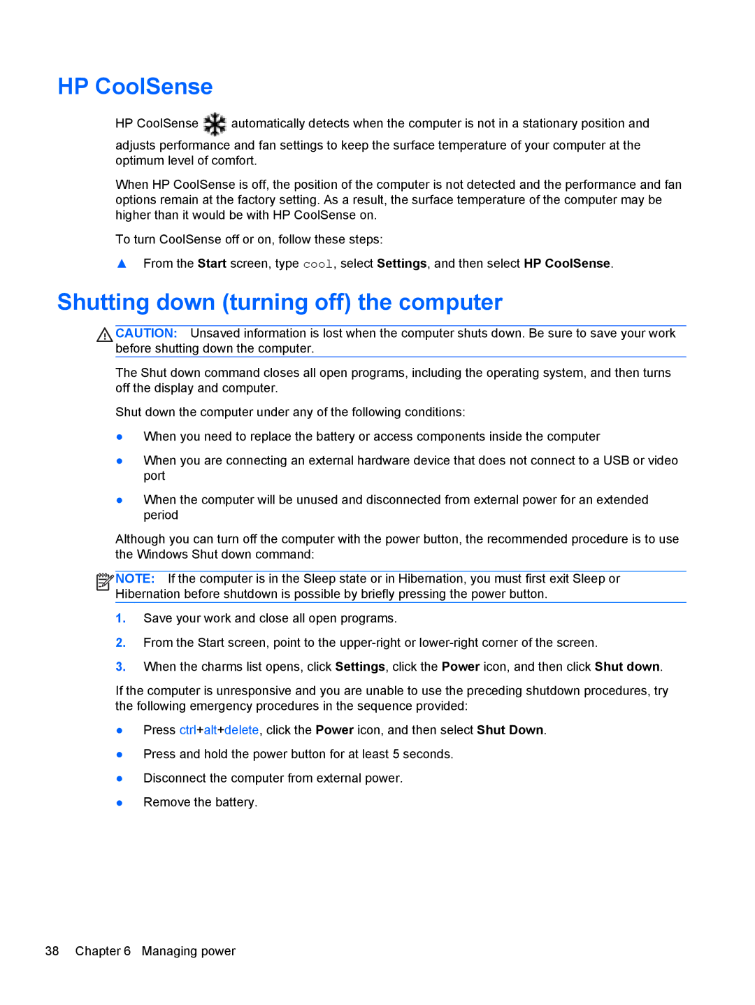 HP B5Z50UAR#ABA manual HP CoolSense, Shutting down turning off the computer 