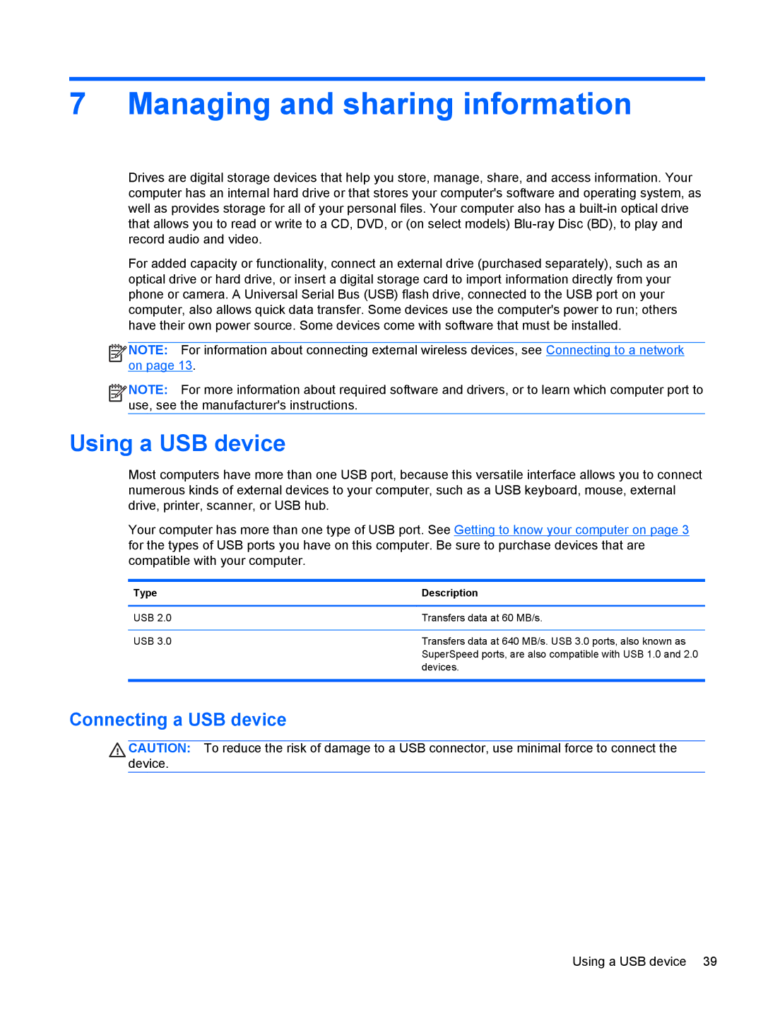 HP B5Z50UAR#ABA manual Managing and sharing information, Using a USB device, Connecting a USB device, Type Description 