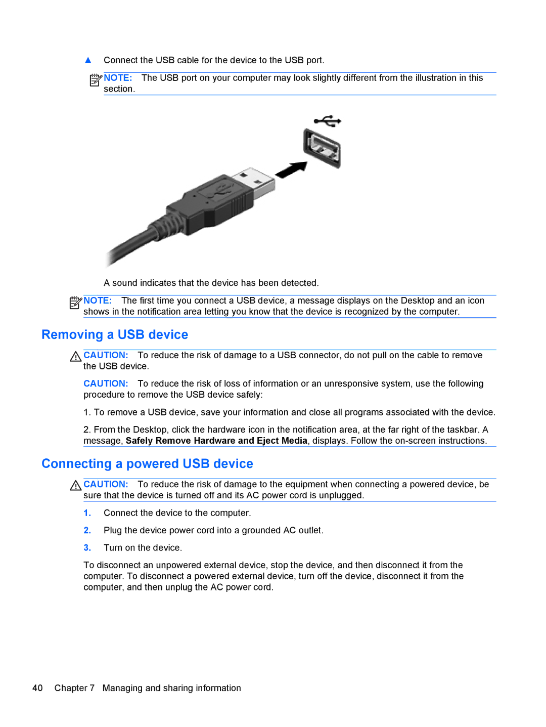 HP B5Z50UAR#ABA manual Removing a USB device, Connecting a powered USB device 