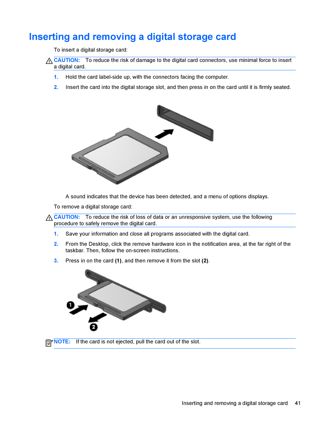 HP B5Z50UAR#ABA manual Inserting and removing a digital storage card 